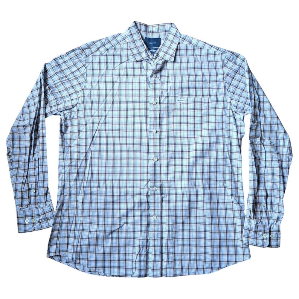 Faconnable Shirt Mens XL Blue Brown Plaid‎ Button Up Long Sleeve Deauville Club